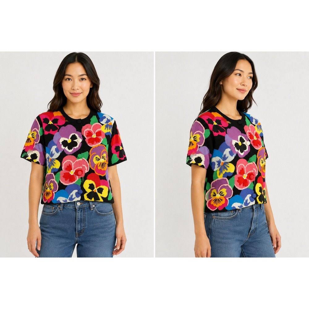 Michael Simon New York Vintage Pansy Floral Short Sleeve Cardigan Knit Top L